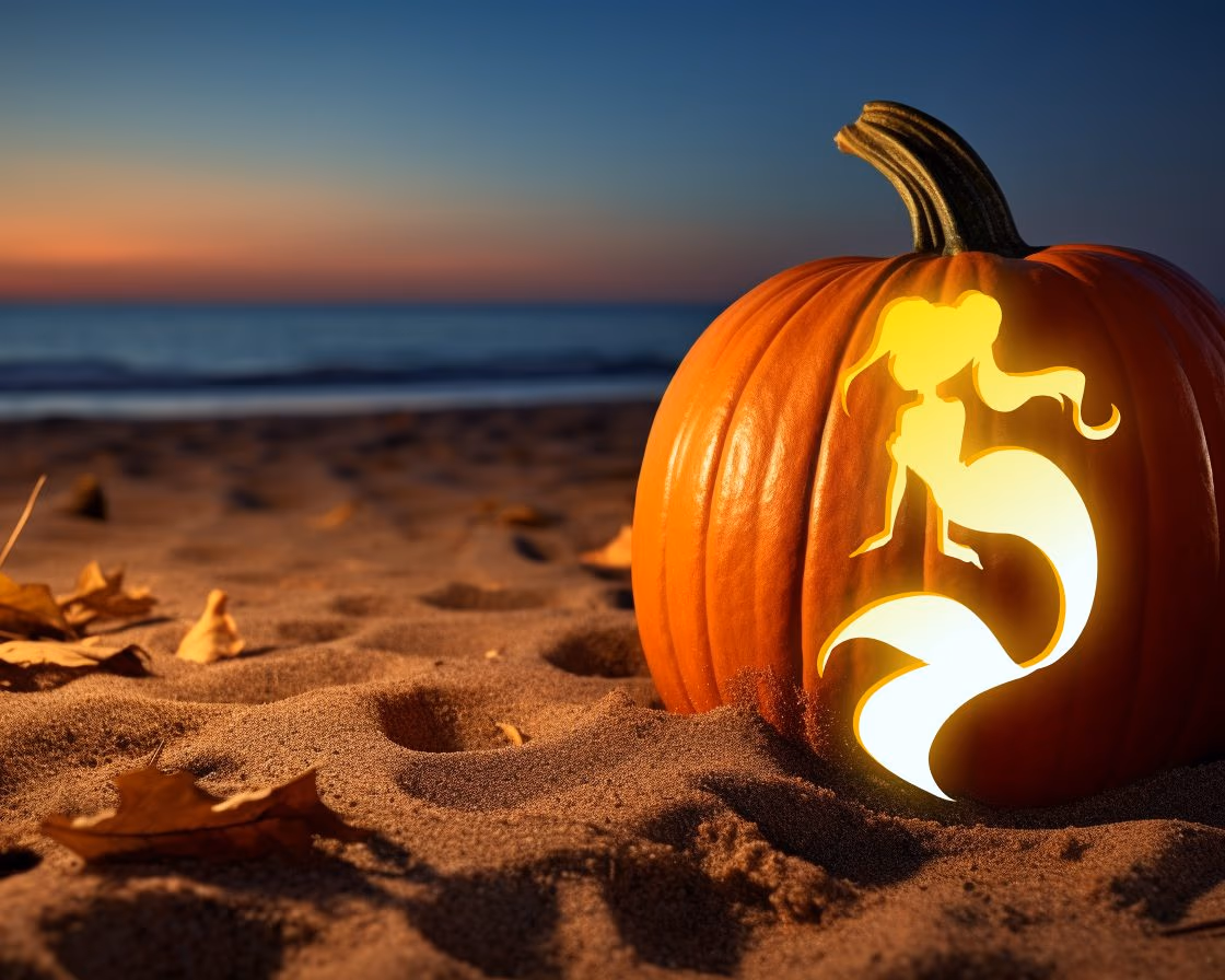 Mermaid pumpkin carving stencil, view 4